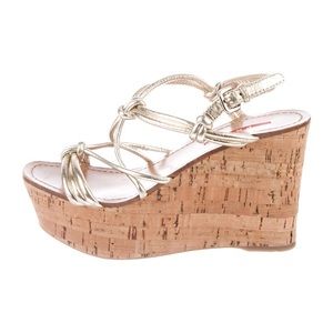 PRADA gold metallic leather wedge sandals 👠👡👢
